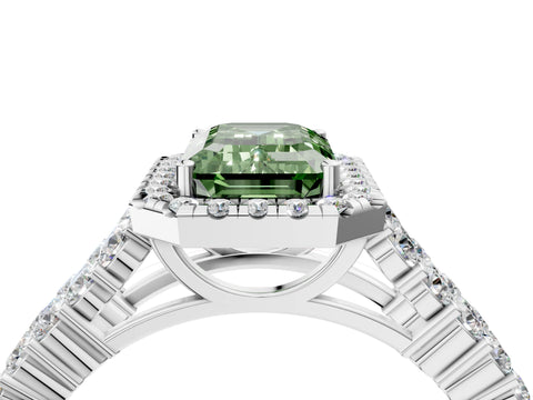 White gold Fancy Green Emerald Cut Halo Pavé Diamond Engagement Ring with Split Shank and Four-Prong Setting_7