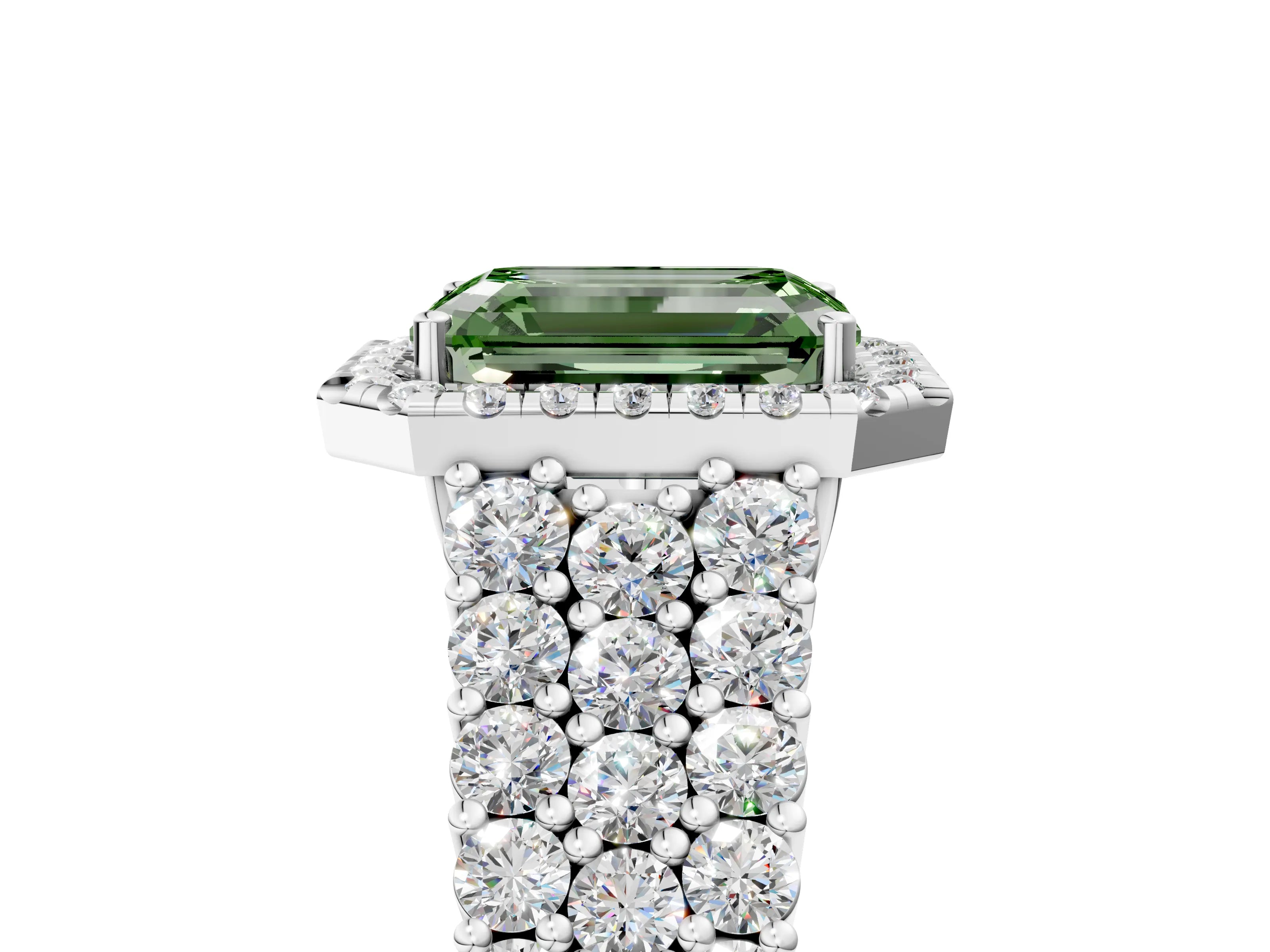White gold Fancy Green Emerald Cut Halo Pavé Diamond Engagement Ring with Split Shank and Four-Prong Setting_8