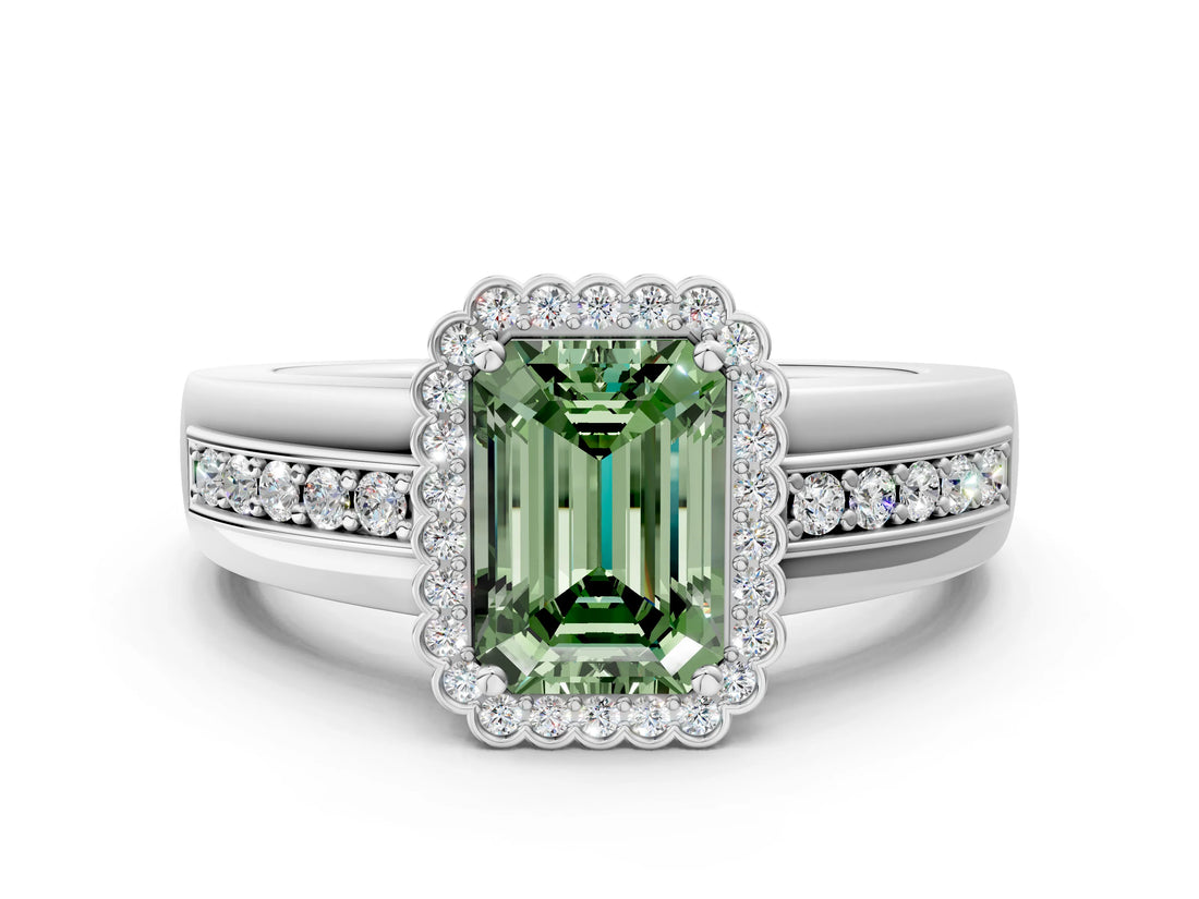 White gold Fancy Green Emerald  Cut Halo Pave Band Four-Prong Ring_49