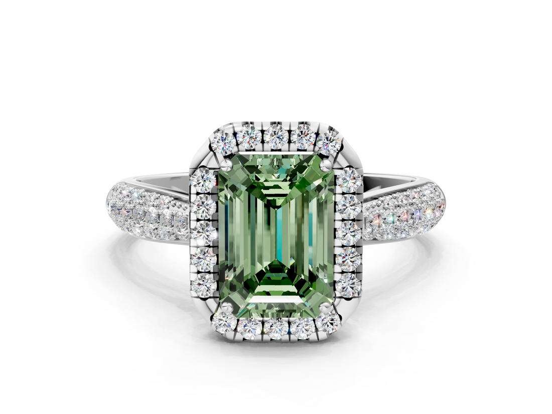 Platinum 3.06 Carat Green VS1 Emerald Cut Halo Pave Band Four-Prong Setting Ring