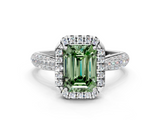 Platinum 3.06 Carat Green VS1 Emerald Cut Halo Pave Band Four-Prong Setting Ring