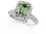 Platinum 3.06 Carat Green VS1 Emerald Cut Halo Pave Band Four-Prong Setting Ring