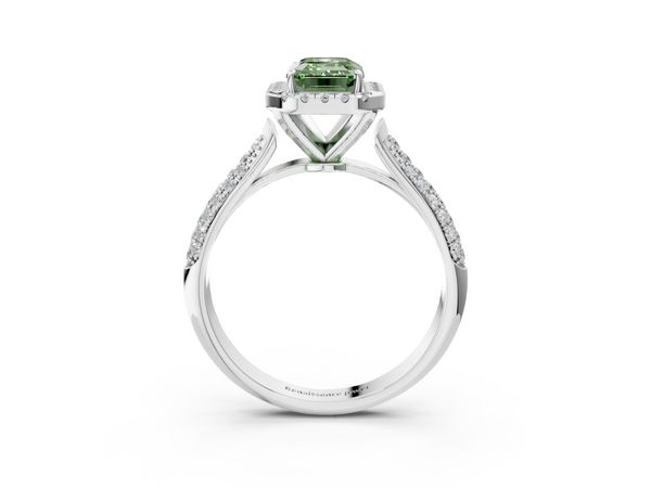 Platinum 3.06 Carat Green VS1 Emerald Cut Halo Pave Band Four-Prong Setting Ring