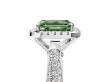 Platinum 3.06 Carat Green VS1 Emerald Cut Halo Pave Band Four-Prong Setting Ring