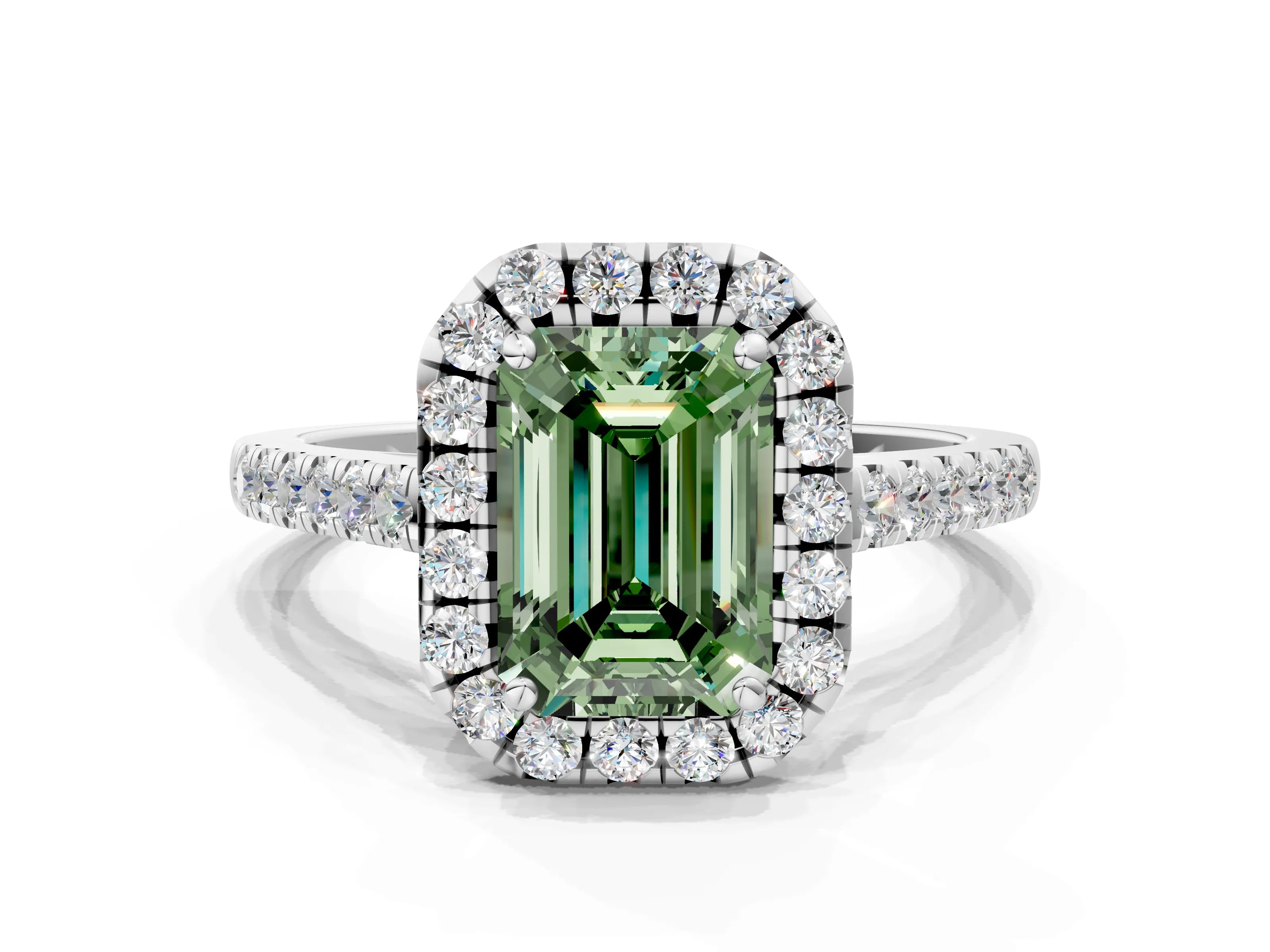 White gold Fancy Green Emerald Cut Halo Pave Diamond Engagement Ring with Four-Prong Setting