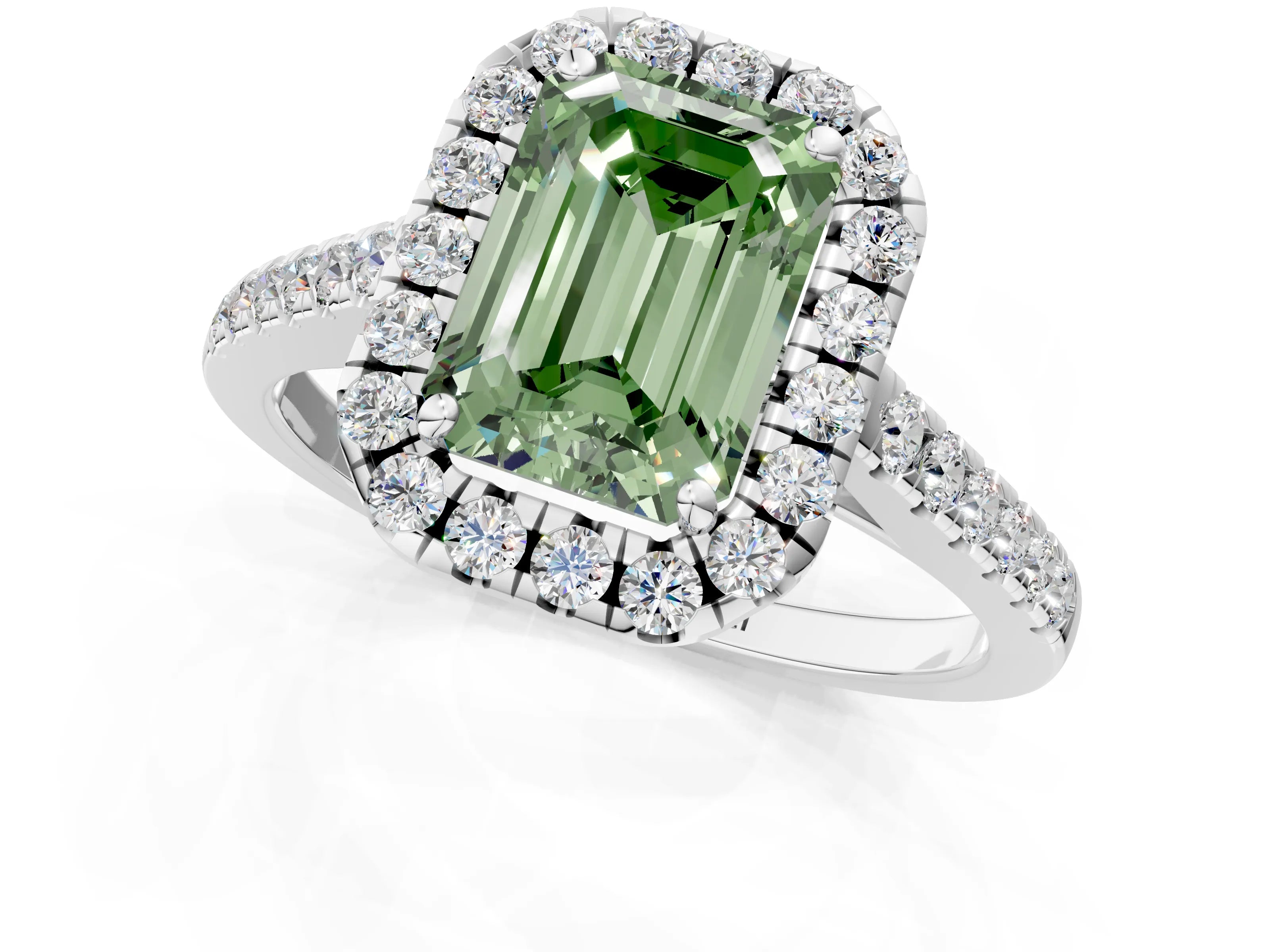 White gold Fancy Green Emerald Cut Halo Pave Diamond Engagement Ring with Four-Prong Setting_1