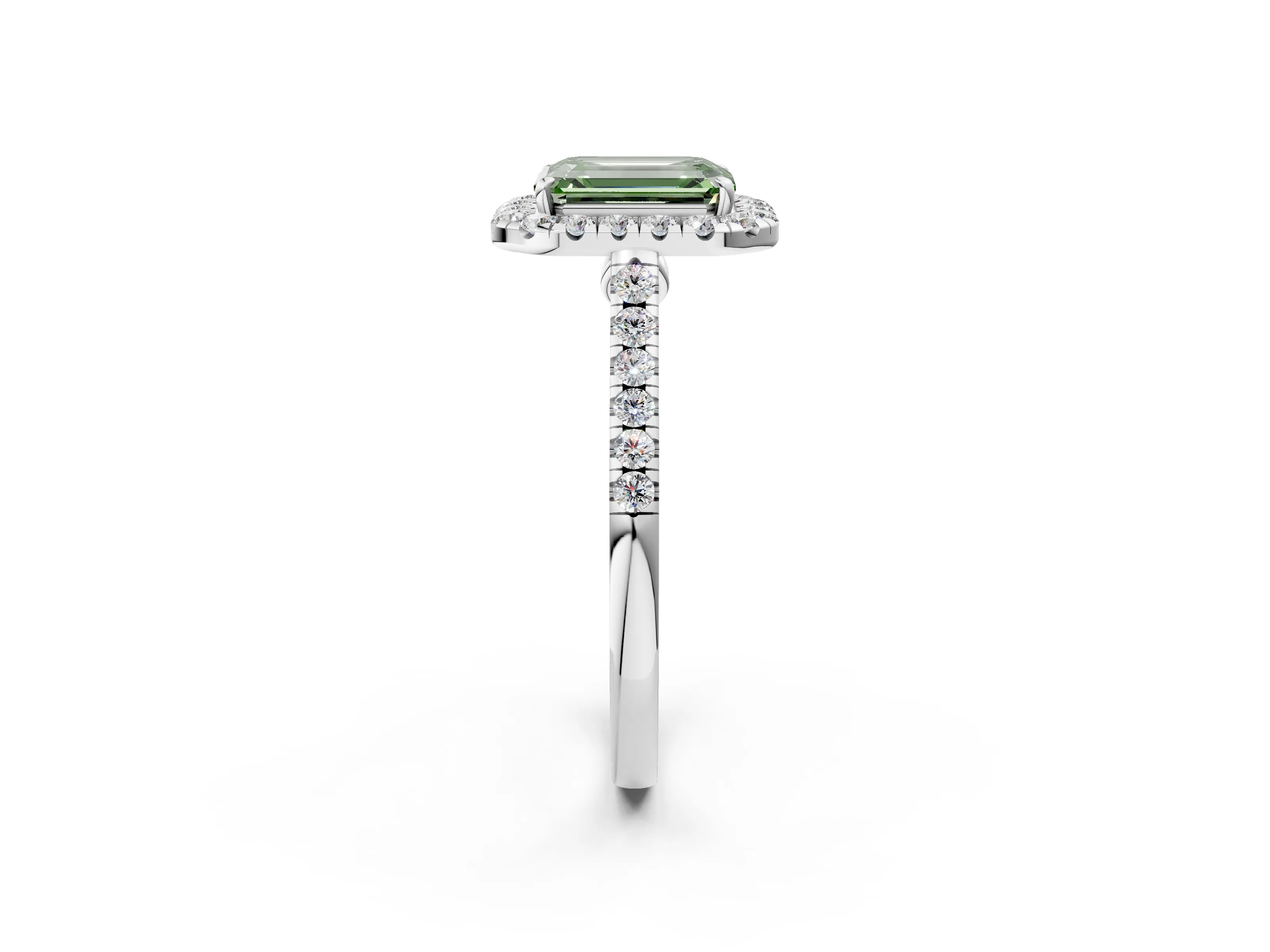 White gold Fancy Green Emerald Cut Halo Pave Diamond Engagement Ring with Four-Prong Setting_2