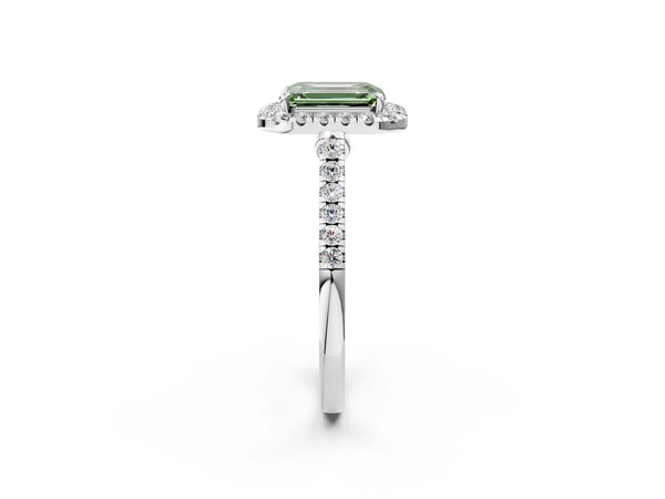 White gold Fancy Green Emerald Cut Halo Pave Diamond Engagement Ring with Four-Prong Setting