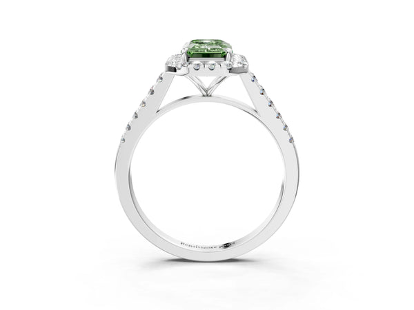 White gold Fancy Green Emerald Cut Halo Pave Diamond Engagement Ring with Four-Prong Setting