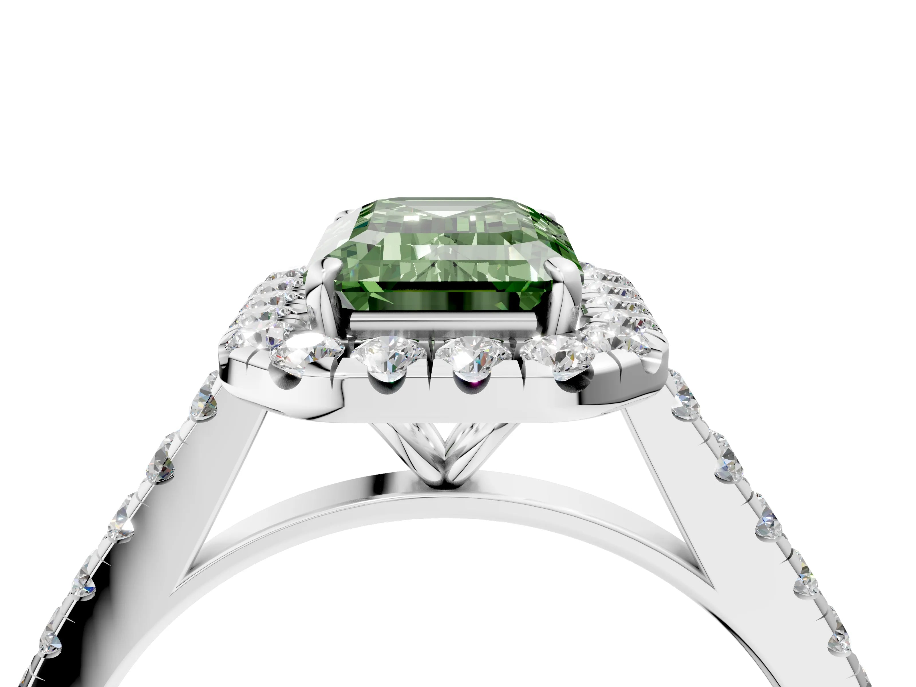 White gold Fancy Green Emerald Cut Halo Pave Diamond Engagement Ring with Four-Prong Setting_4
