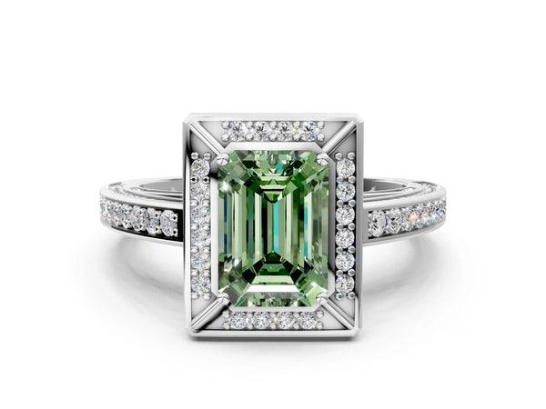 Platinum Fancy Green Emerald  Cut Halo Pave Split Shank Prong Setting Ring