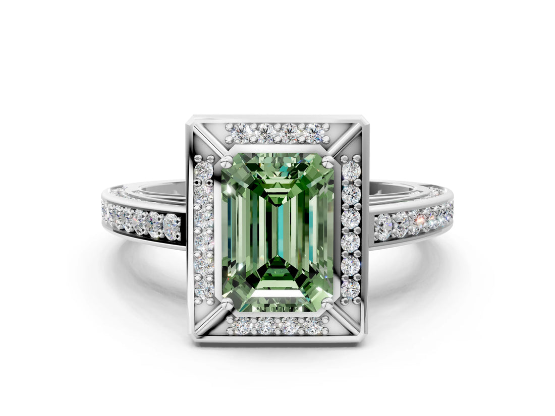 White gold Fancy Green Emerald  Cut Halo Pave Split Shank Prong Setting Ring_31