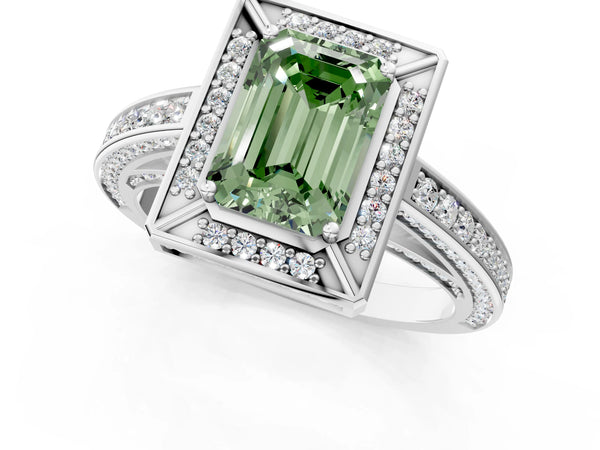 Platinum Fancy Green Emerald  Cut Halo Pave Split Shank Prong Setting Ring