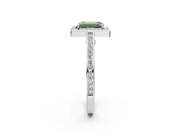 Platinum Fancy Green Emerald  Cut Halo Pave Split Shank Prong Setting Ring