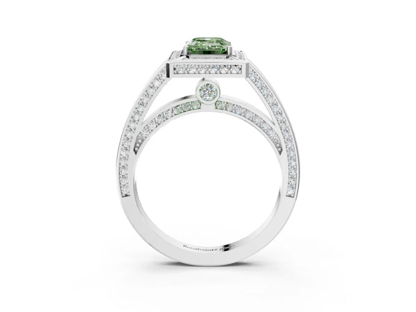 Platinum Fancy Green Emerald  Cut Halo Pave Split Shank Prong Setting Ring