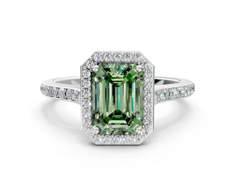 White gold Fancy Green Emerald Cut Halo Round Diamond Pavé Band with Four-Prong Setting_15