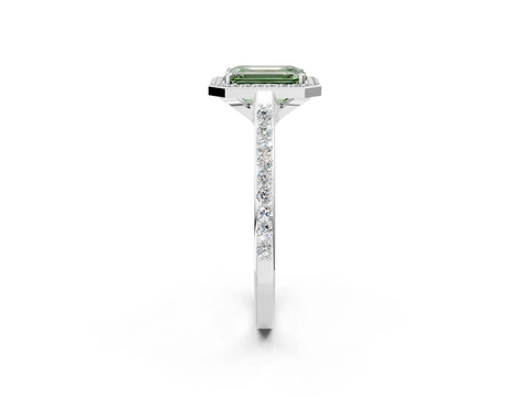 White gold Fancy Green Emerald Cut Halo Round Diamond Pavé Band with Four-Prong Setting_17