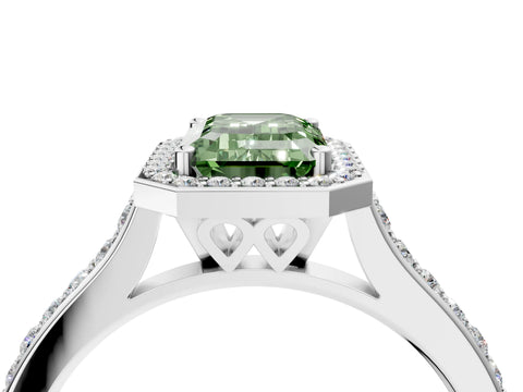 White gold Fancy Green Emerald Cut Halo Round Diamond Pavé Band with Four-Prong Setting_19