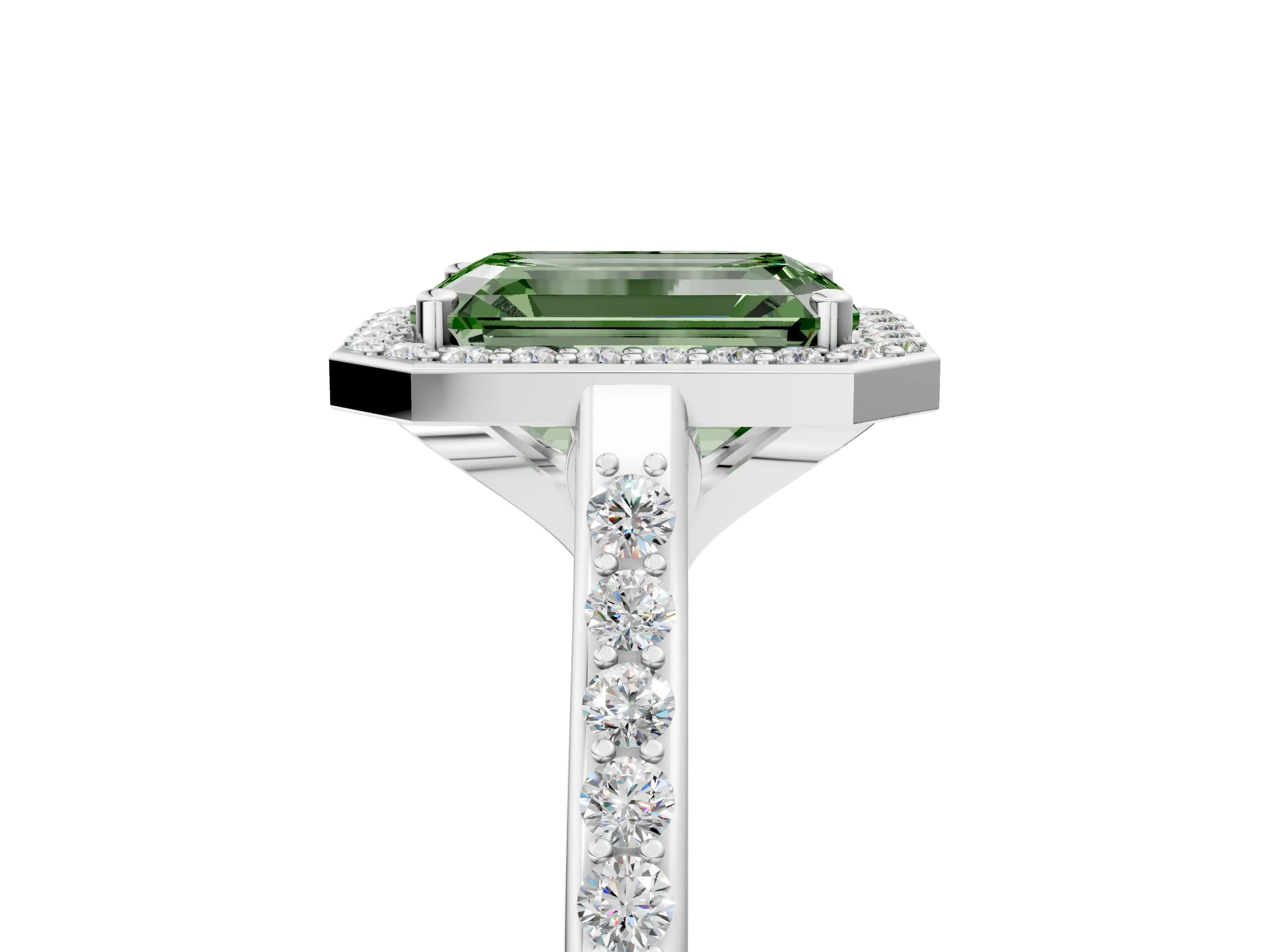White gold Fancy Green Emerald Cut Halo Round Diamond Pavé Band with Four-Prong Setting_20