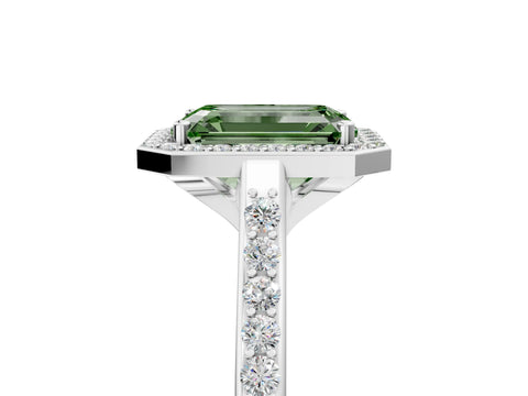 White gold Fancy Green Emerald Cut Halo Round Diamond Pavé Band with Four-Prong Setting_20