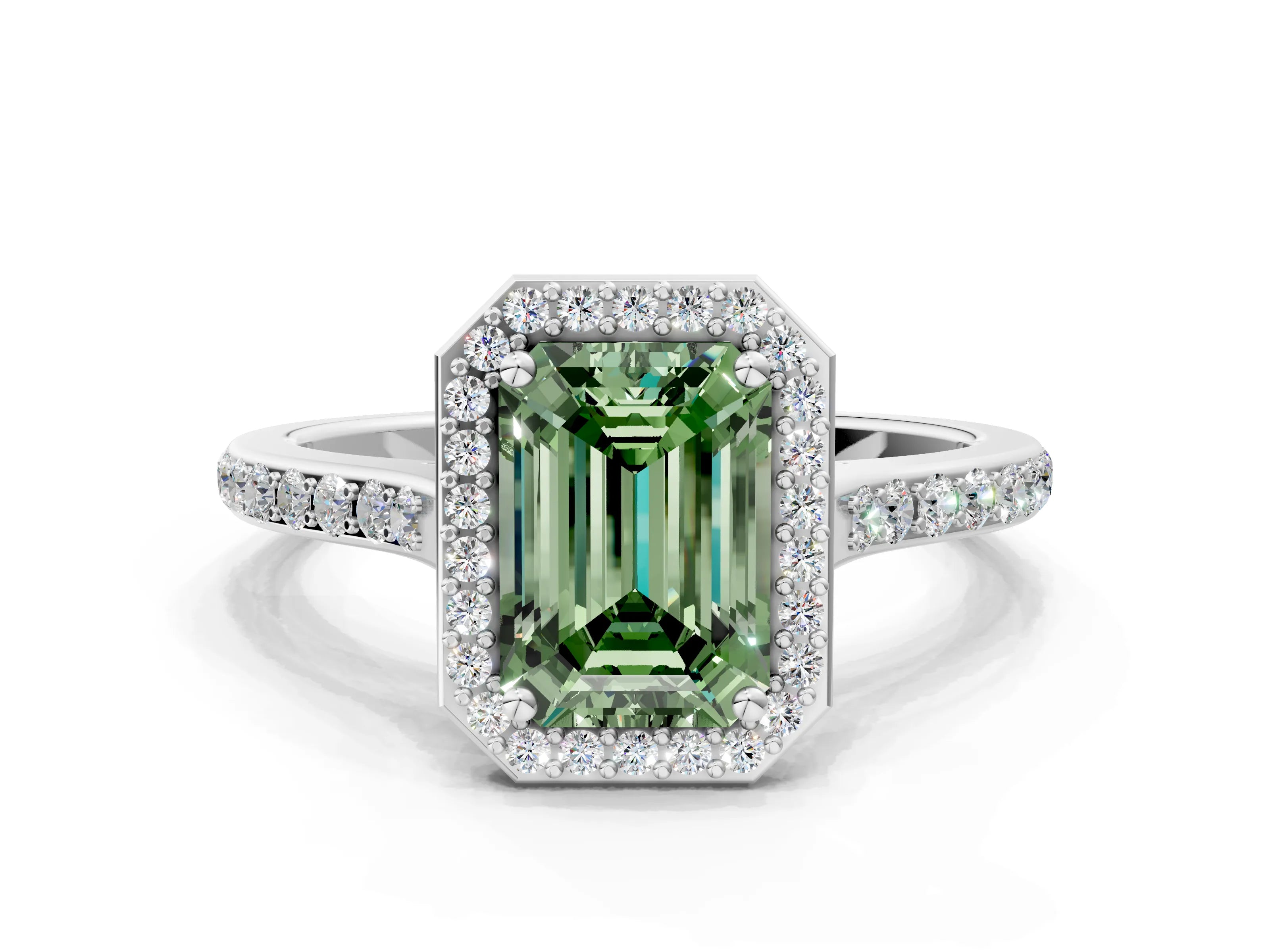 White gold Fancy Green Emerald Cut Halo Round Diamond Pavé Band with Four-Prong Setting_21