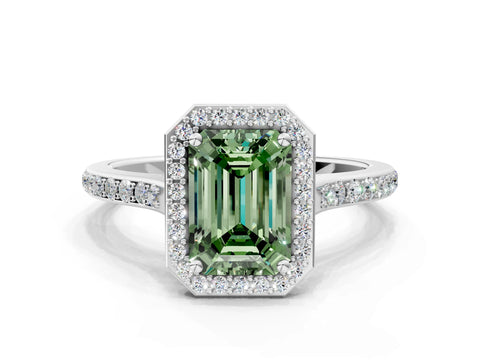 White gold Fancy Green Emerald Cut Halo Round Diamond Pavé Band with Four-Prong Setting_21