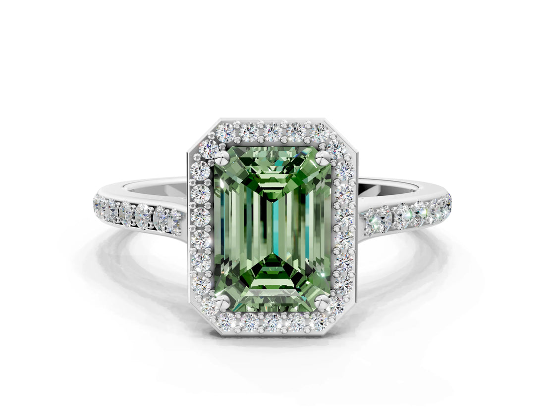 White gold Fancy Green Emerald Cut Halo Round Diamond Pavé Band with Four-Prong Setting_22