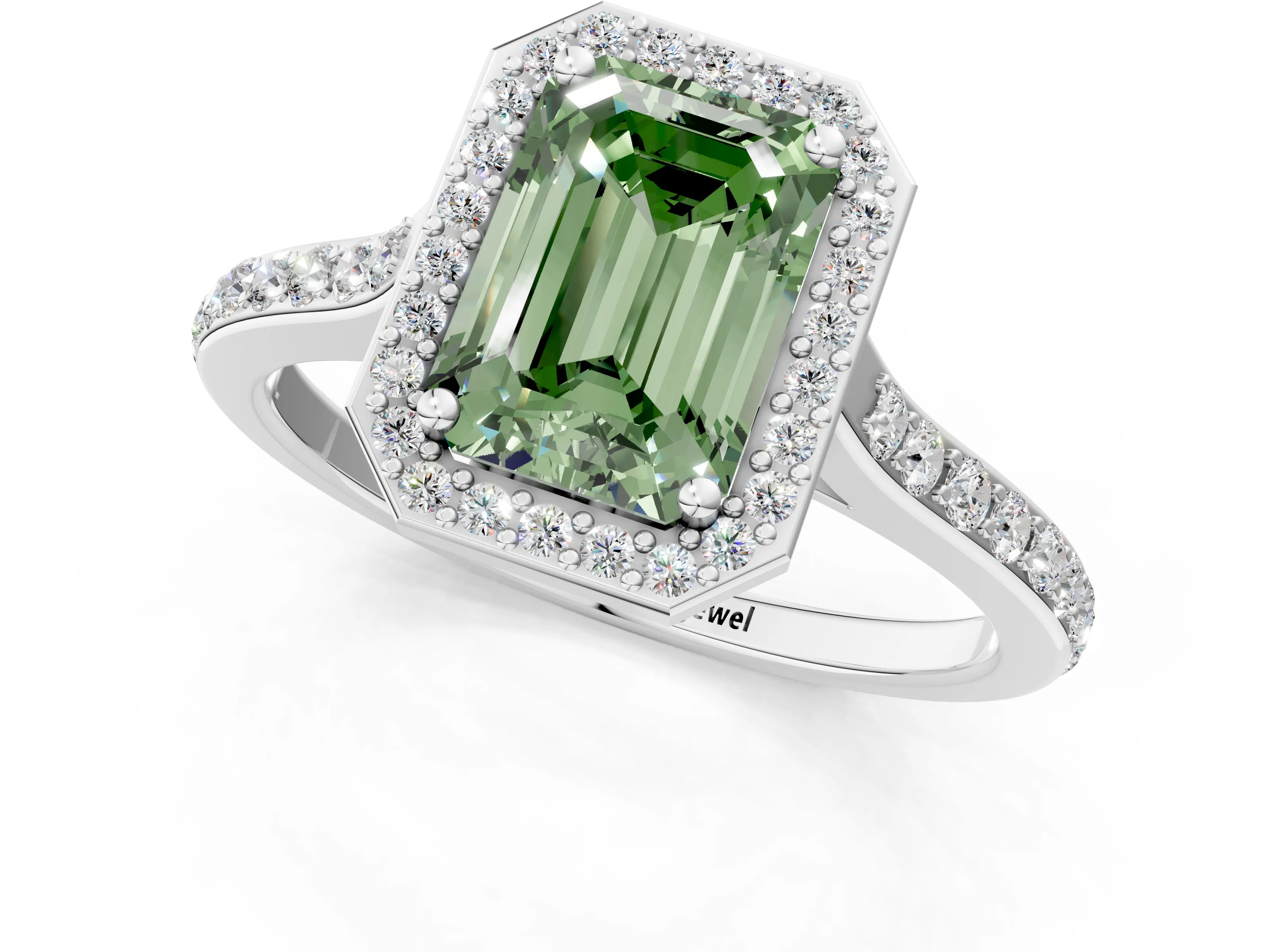 White gold Fancy Green Emerald Cut Halo Round Diamond Pavé Band with Four-Prong Setting_22