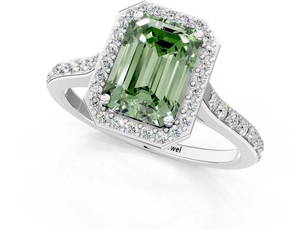 Platinum Fancy Green Emerald Cut Halo Round Diamond Pavé Band with Four-Prong Setting