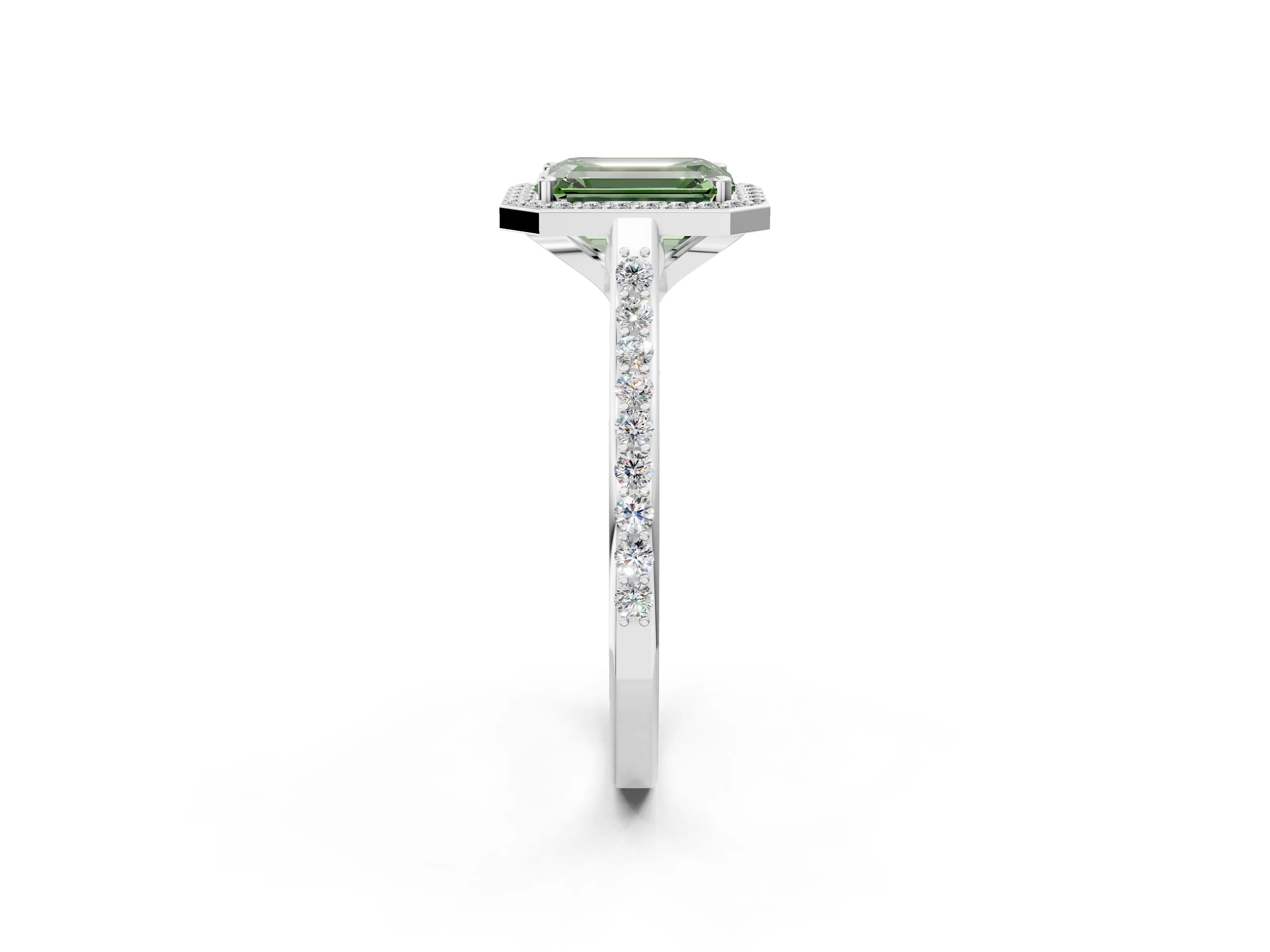 White gold Fancy Green Emerald Cut Halo Round Diamond Pavé Band with Four-Prong Setting_23
