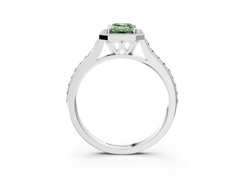 White gold Fancy Green Emerald Cut Halo Round Diamond Pavé Band with Four-Prong Setting_24
