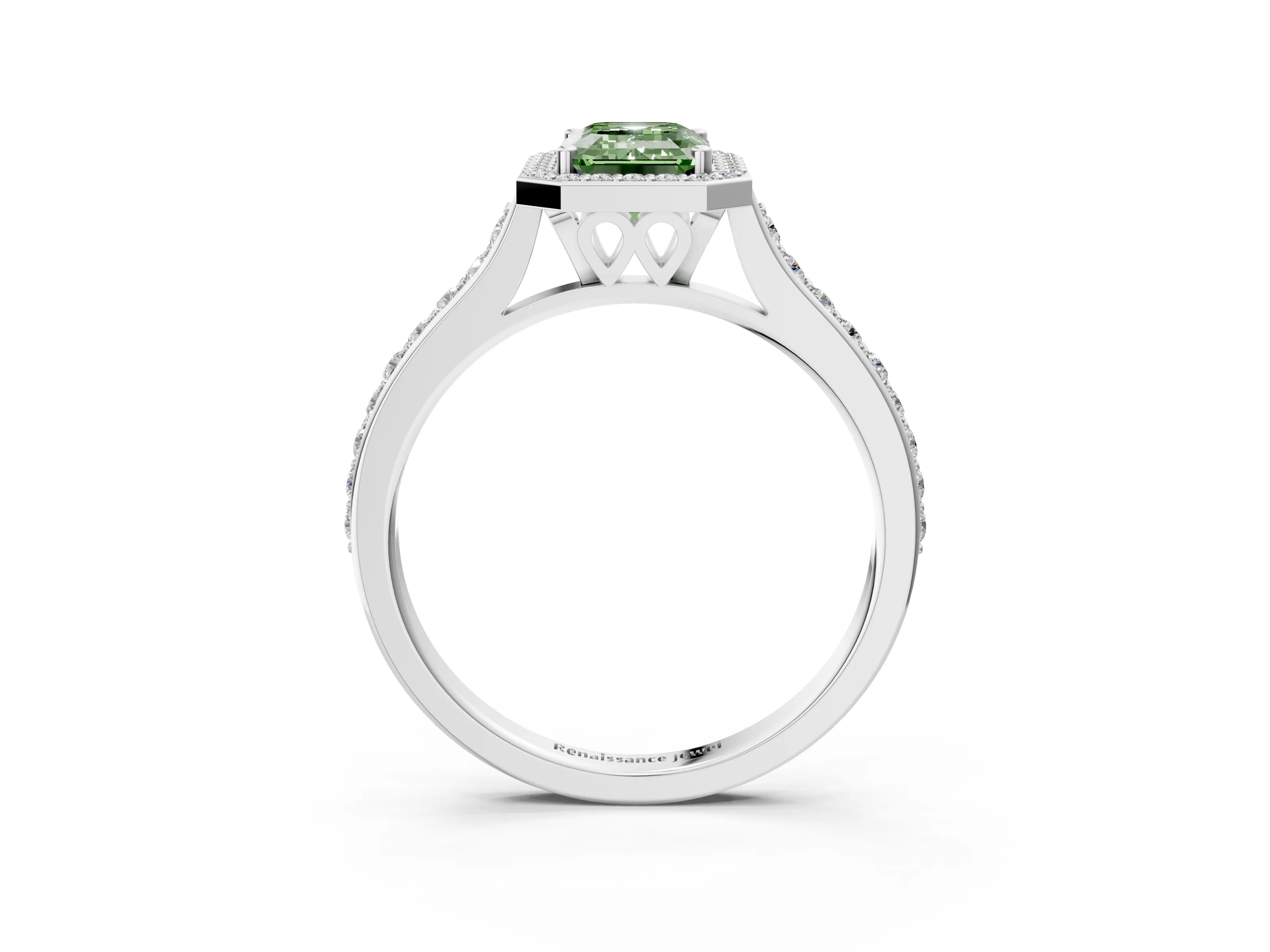 White gold Fancy Green Emerald Cut Halo Round Diamond Pavé Band with Four-Prong Setting_25