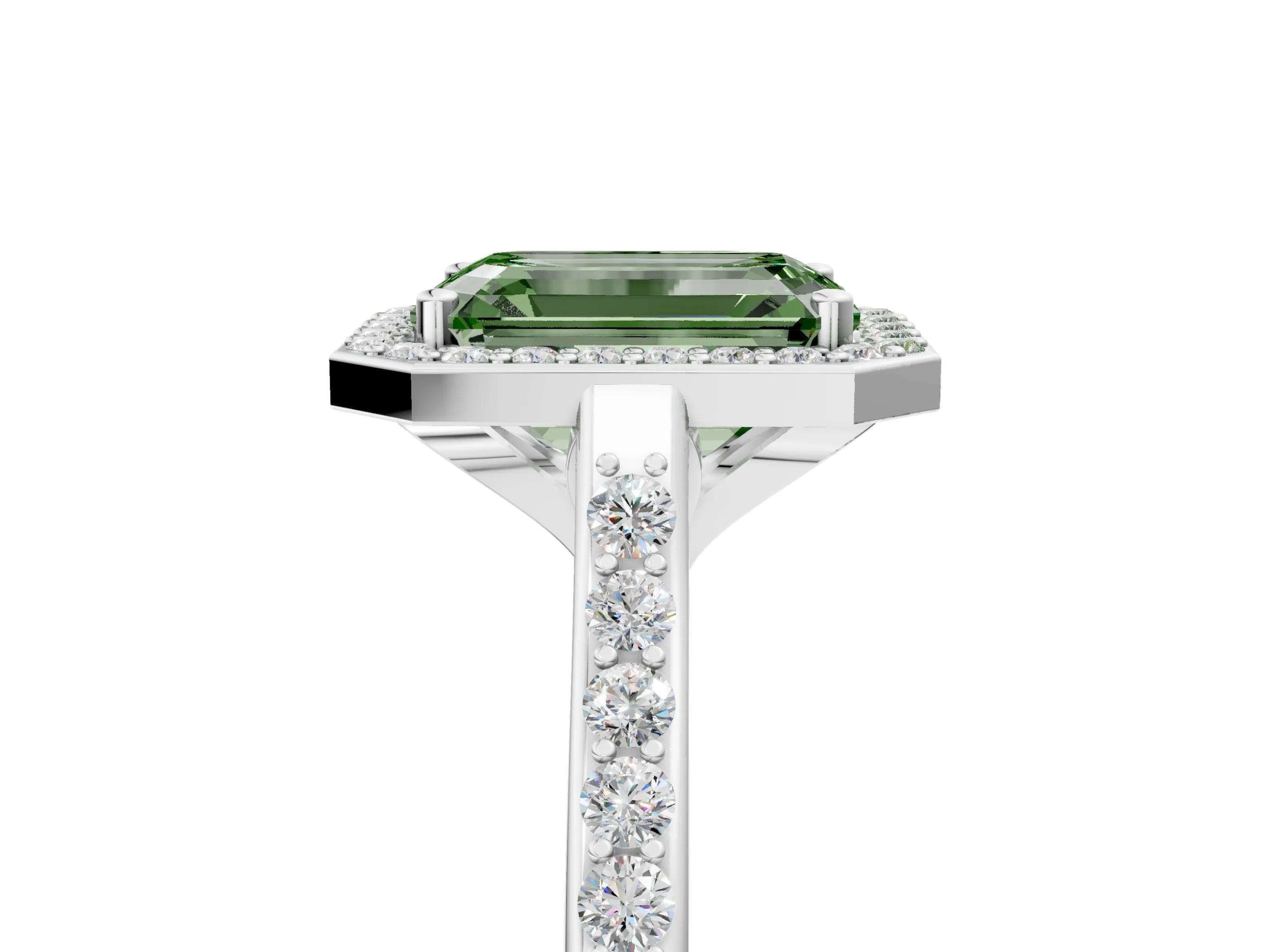 White gold Fancy Green Emerald Cut Halo Round Diamond Pavé Band with Four-Prong Setting_27