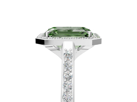 White gold Fancy Green Emerald Cut Halo Round Diamond Pavé Band with Four-Prong Setting_27