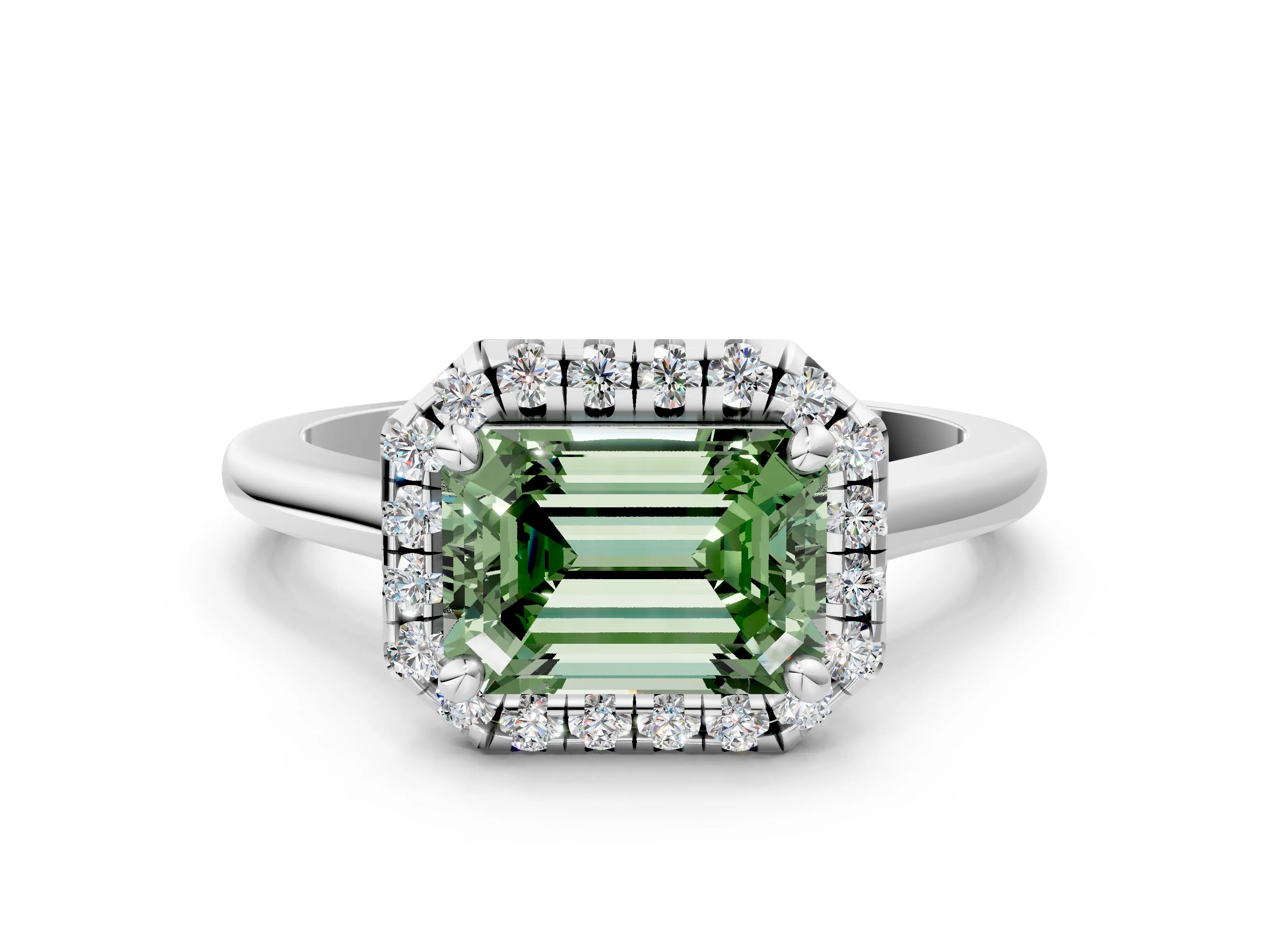 White gold Fancy Green Emerald Cut Halo Round Diamond Solitaire Engagement Ring with Pave Band and Four-Prong Setting_12