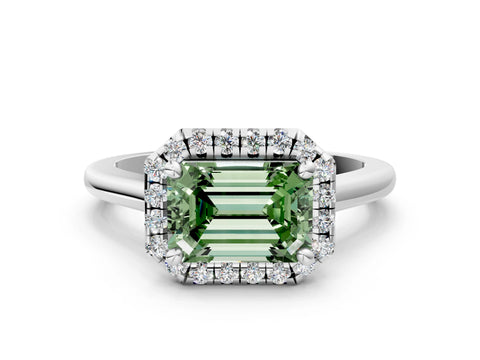 White gold Fancy Green Emerald Cut Halo Round Diamond Solitaire Engagement Ring with Pave Band and Four-Prong Setting_12