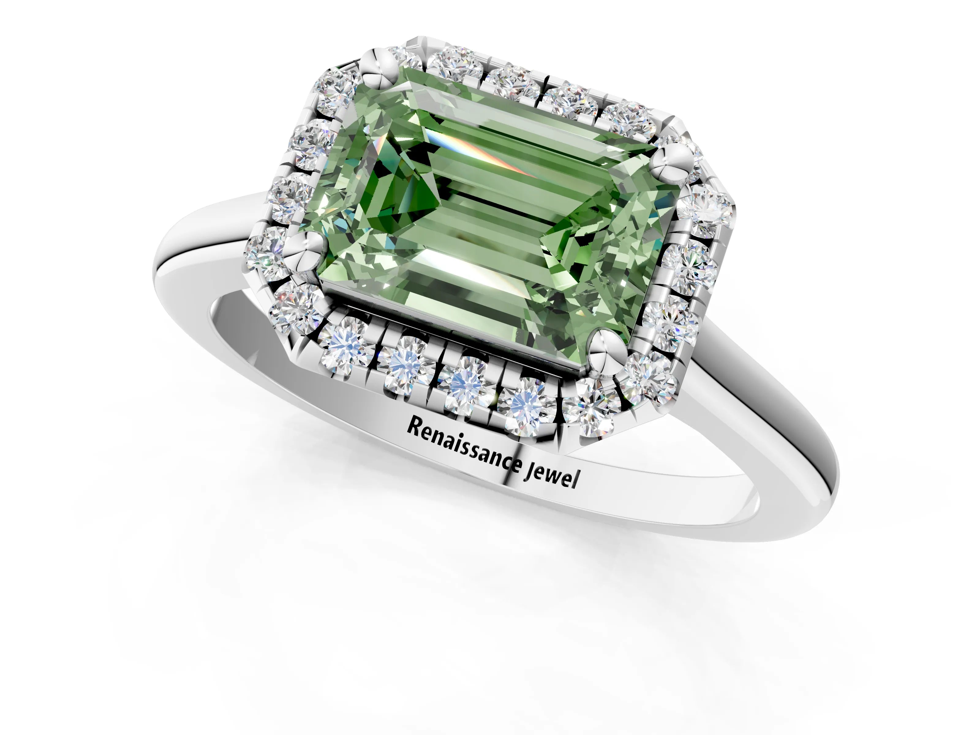 White gold Fancy Green Emerald Cut Halo Round Diamond Solitaire Engagement Ring with Pave Band and Four-Prong Setting_13