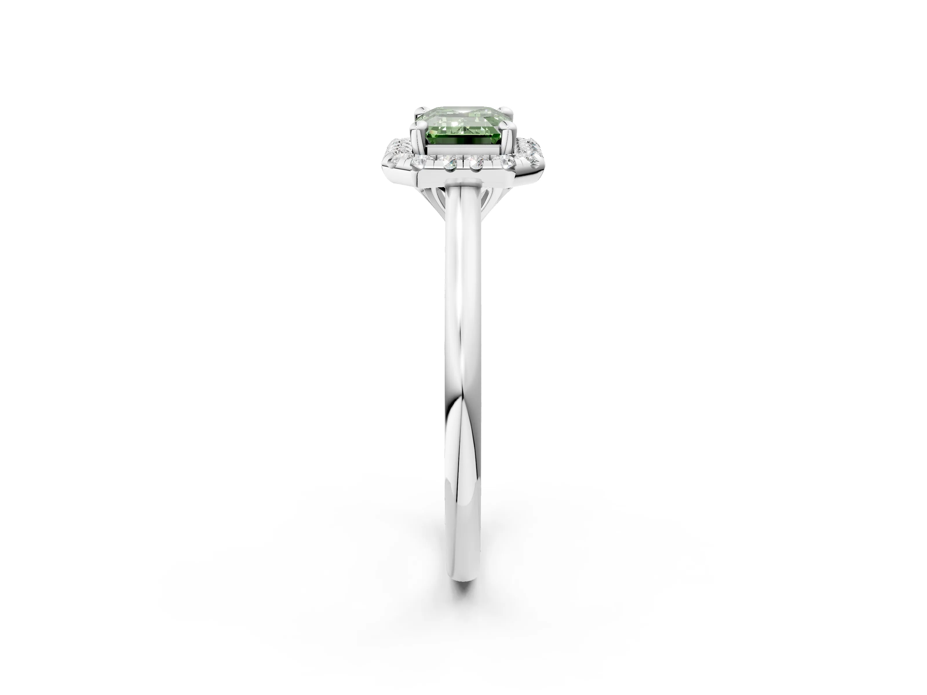 White gold Fancy Green Emerald Cut Halo Round Diamond Solitaire Engagement Ring with Pave Band and Four-Prong Setting_14