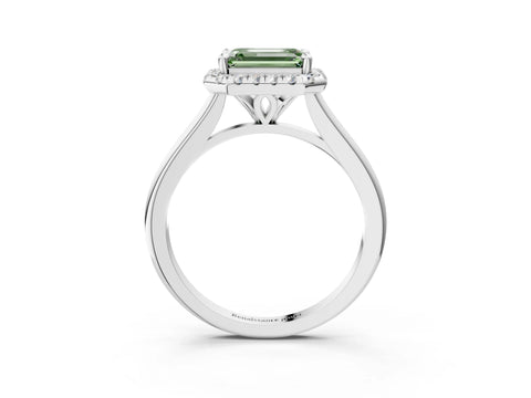White gold Fancy Green Emerald Cut Halo Round Diamond Solitaire Engagement Ring with Pave Band and Four-Prong Setting_15