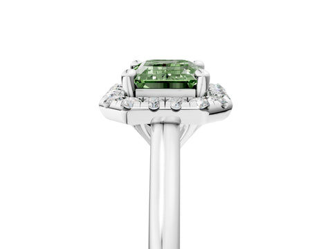 White gold Fancy Green Emerald Cut Halo Round Diamond Solitaire Engagement Ring with Pave Band and Four-Prong Setting_17