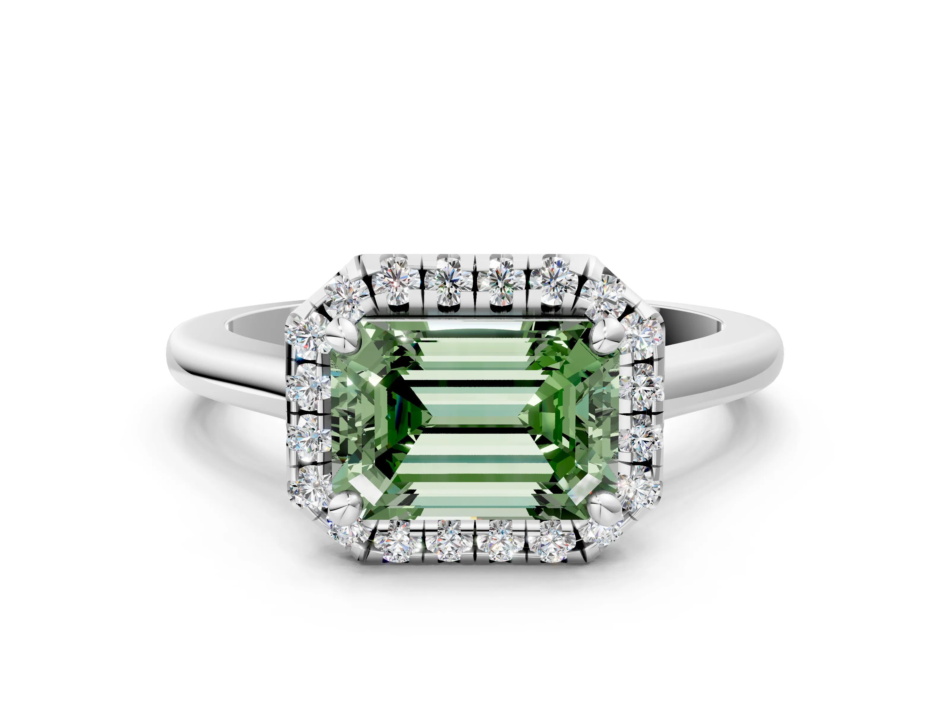 White gold Fancy Green Emerald Cut Halo Round Diamond Solitaire Engagement Ring with Pave Band and Four-Prong Setting_24