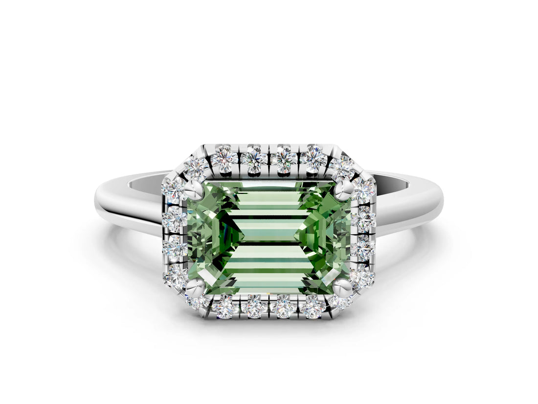 White gold Fancy Green Emerald Cut Halo Round Diamond Solitaire Engagement Ring with Pave Band and Four-Prong Setting_24