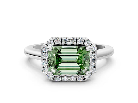 White gold Fancy Green Emerald Cut Halo Round Diamond Solitaire Engagement Ring with Pave Band and Four-Prong Setting_24