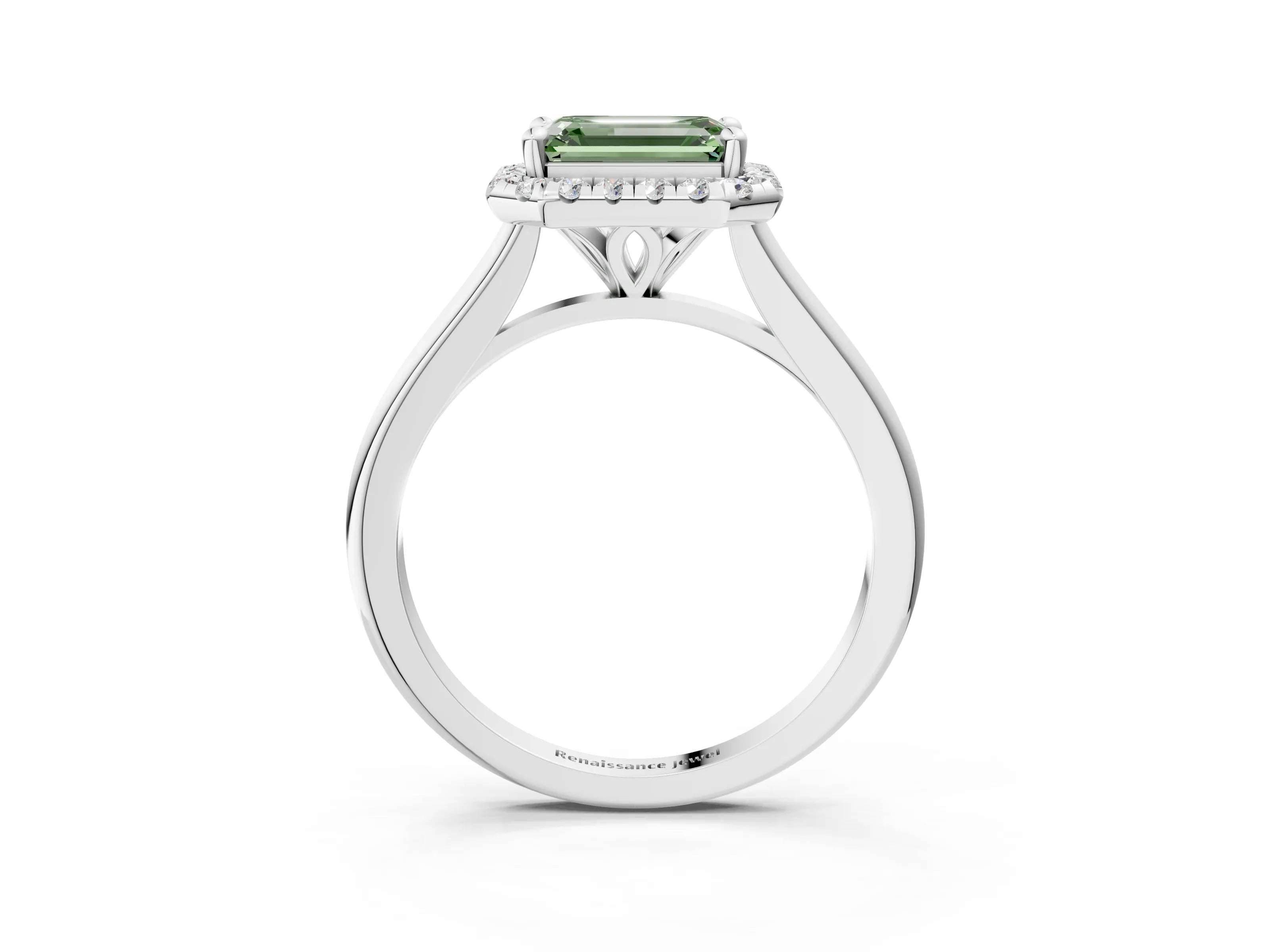 White gold Fancy Green Emerald Cut Halo Round Diamond Solitaire Engagement Ring with Pave Band and Four-Prong Setting_27