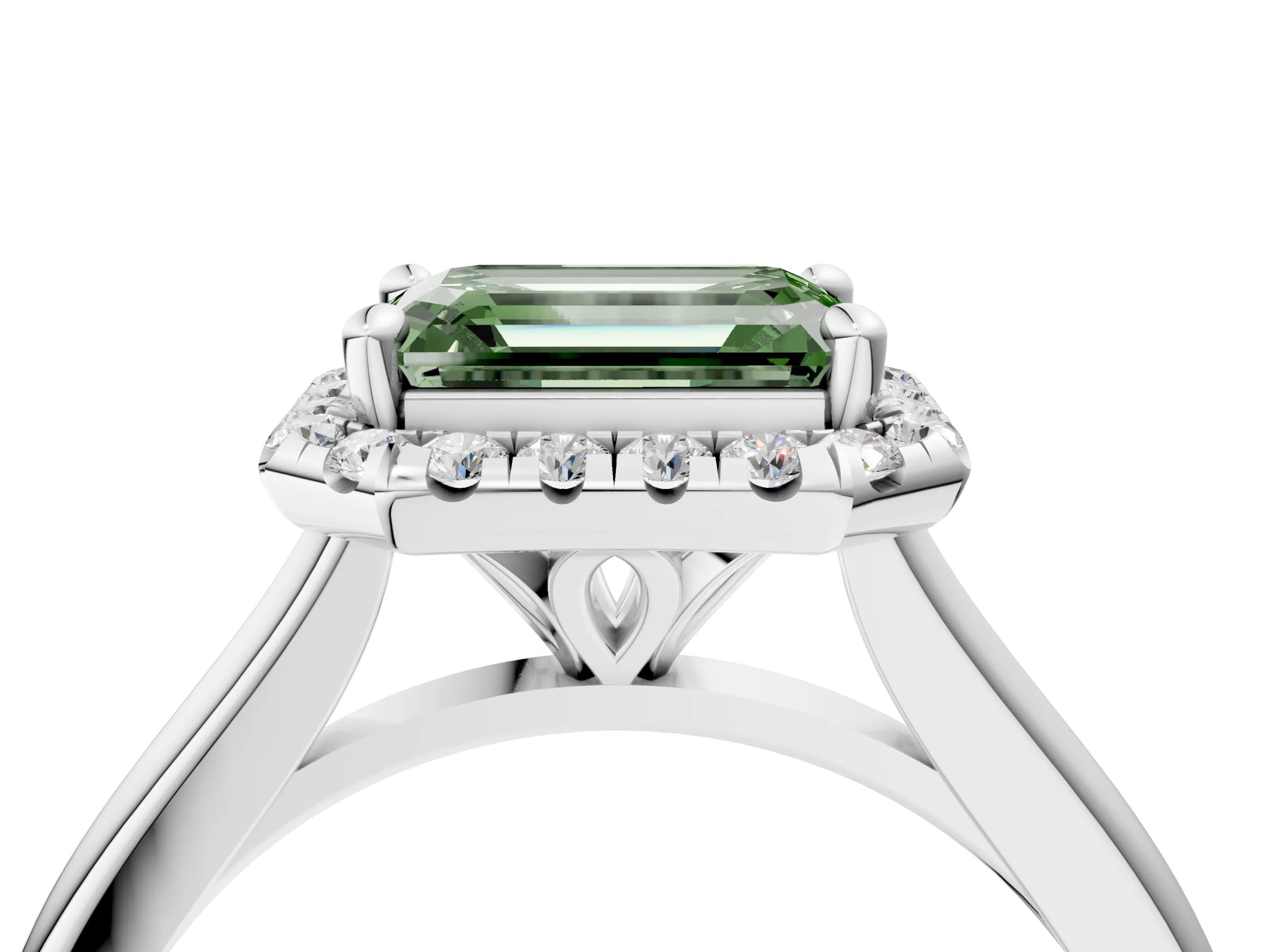 White gold Fancy Green Emerald Cut Halo Round Diamond Solitaire Engagement Ring with Pave Band and Four-Prong Setting_28