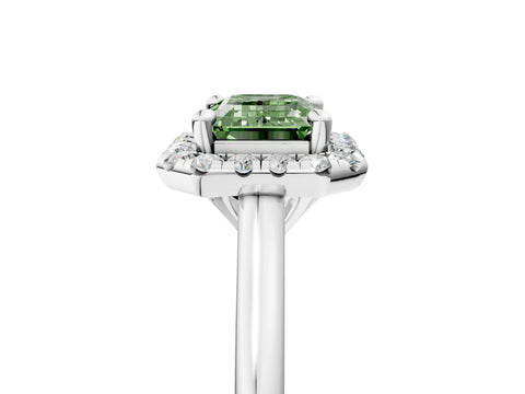 White gold Fancy Green Emerald Cut Halo Round Diamond Solitaire Engagement Ring with Pave Band and Four-Prong Setting_29