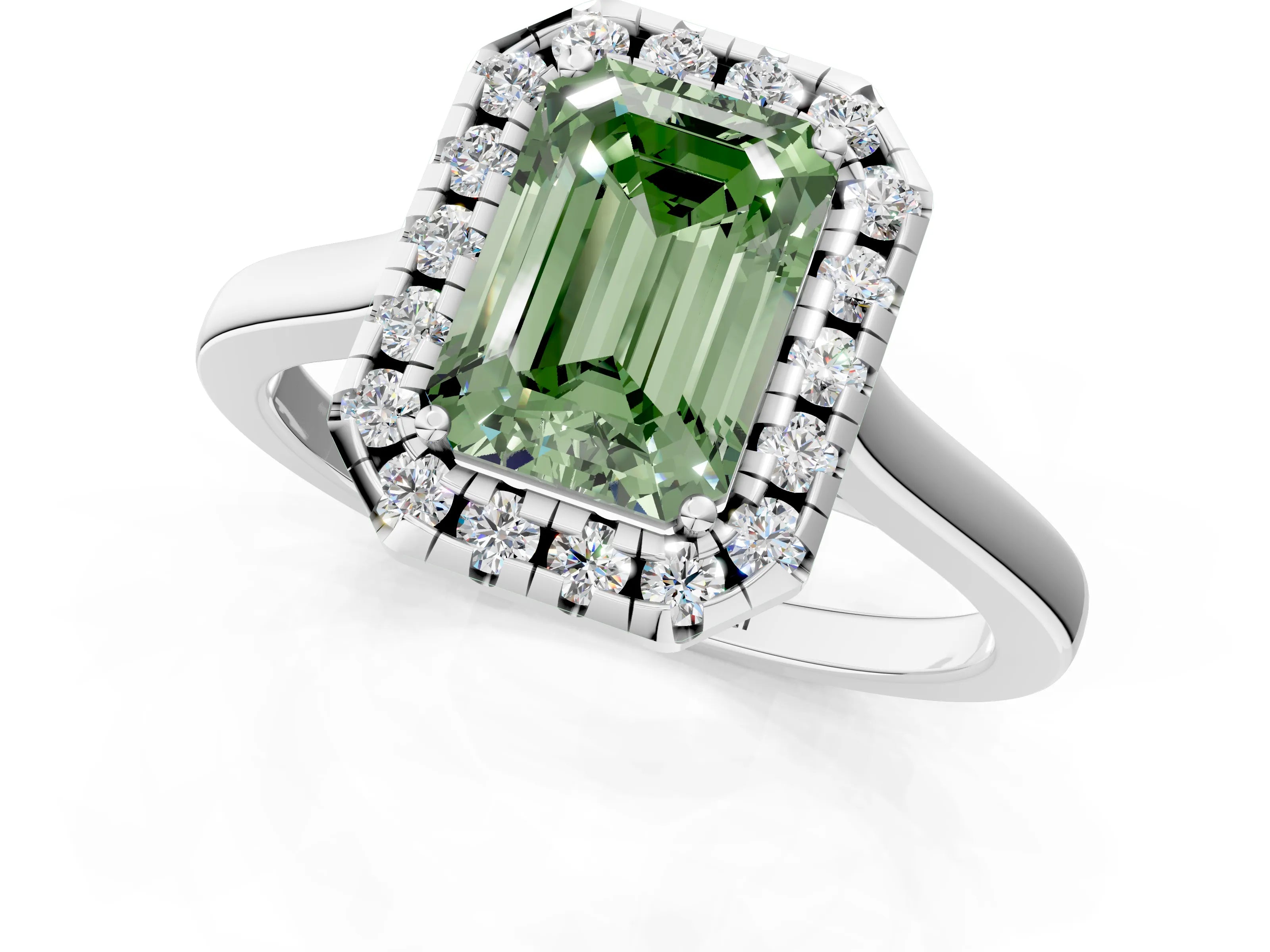 White gold Fancy Green Emerald Cut Halo Round Diamond Solitaire Ring with Pavé Band and Four-Prong Setting_1