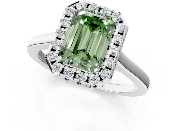 Platinum Fancy Green Emerald Cut Halo Round Diamond Solitaire Ring with Pavé Band and Four-Prong Setting