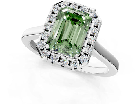 White gold Fancy Green Emerald Cut Halo Round Diamond Solitaire Ring with Pavé Band and Four-Prong Setting_1