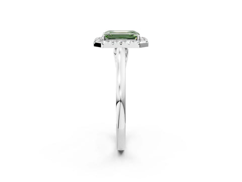 White gold Fancy Green Emerald Cut Halo Round Diamond Solitaire Ring with Pavé Band and Four-Prong Setting_2